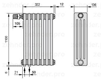 Схема (чертеж) Радиатор Zehnder Charleston 4110/7 №V001 Белый глянцевый RAL 9016